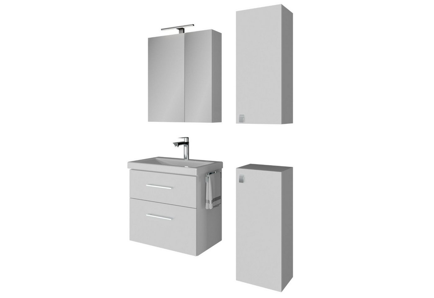 Planetmöbel Badmöbel-Set Badmöbel-Set mit Spiegelschrank 63cm und 2x Midischrank, (Waschbecken mit Unterschrank, Spiegelschrank Bad mit Beleuchtung) von Planetmöbel