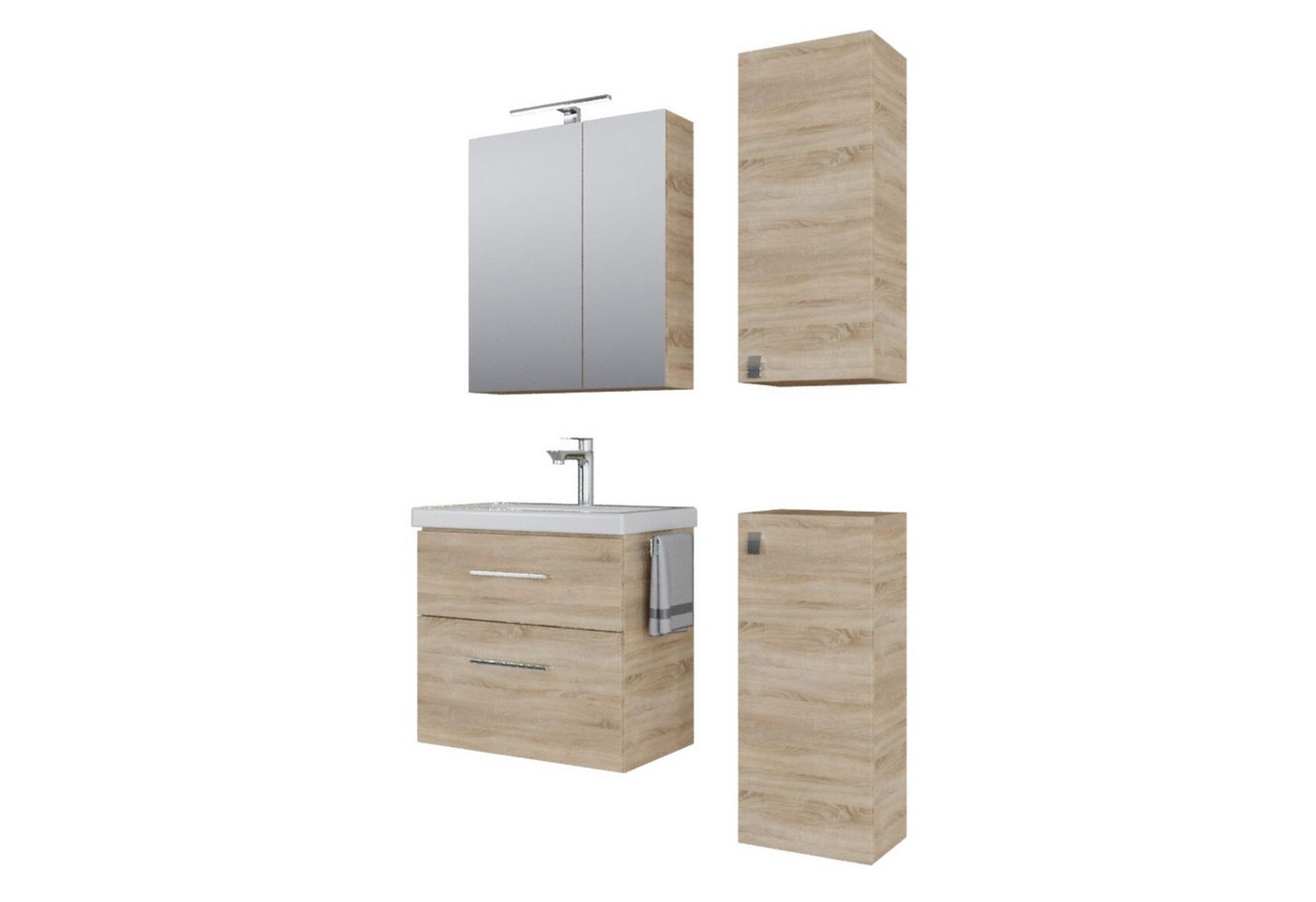 Planetmöbel Badmöbel-Set Badmöbel-Set mit Spiegelschrank 63cm und 2x Midischrank, (Waschbecken mit Unterschrank, Spiegelschrank Bad mit Beleuchtung) von Planetmöbel