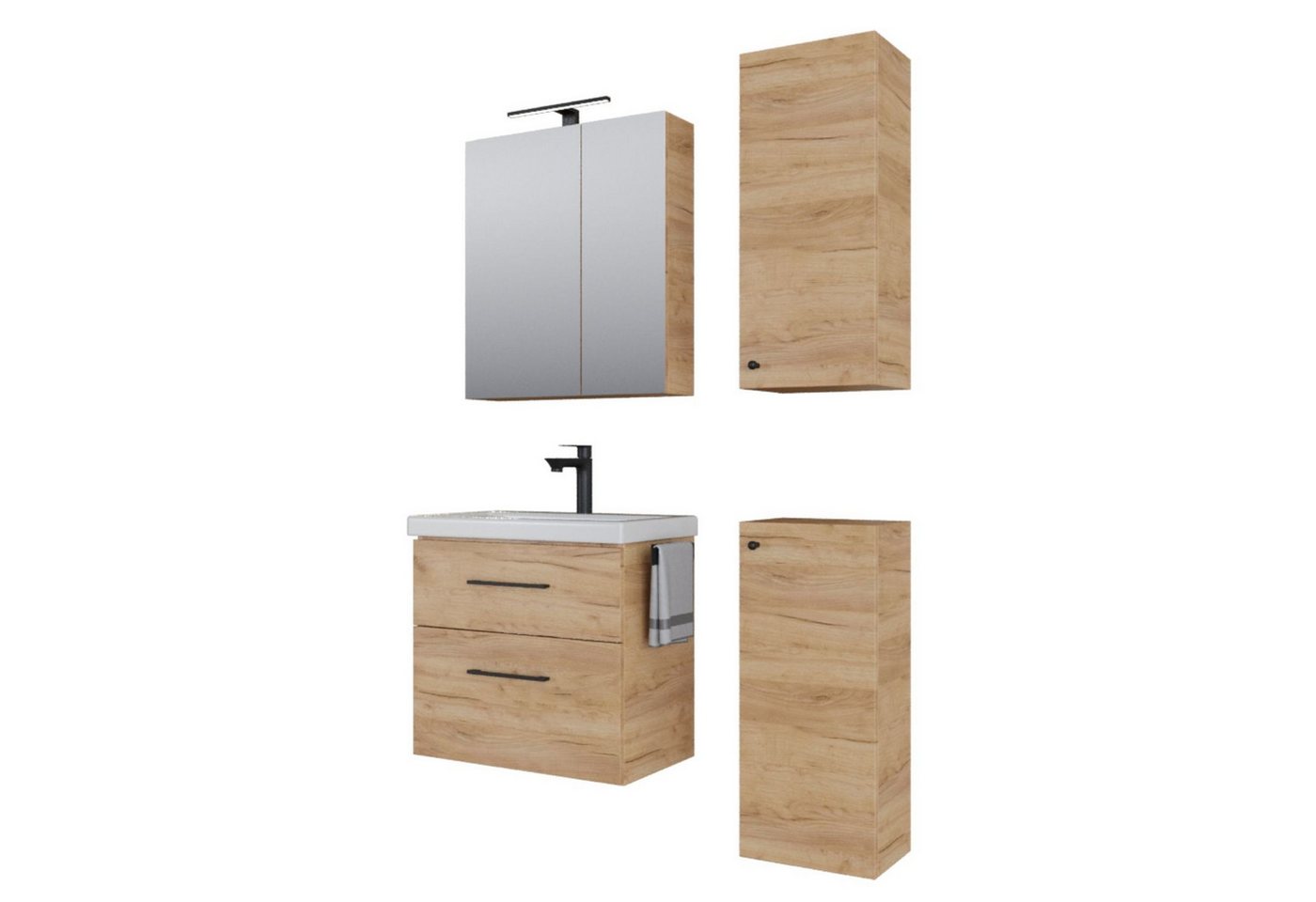 Planetmöbel Badmöbel-Set Badmöbel-Set mit Spiegelschrank 63cm und 2x Midischrank, (Waschbecken mit Unterschrank, Spiegelschrank Bad mit Beleuchtung) von Planetmöbel