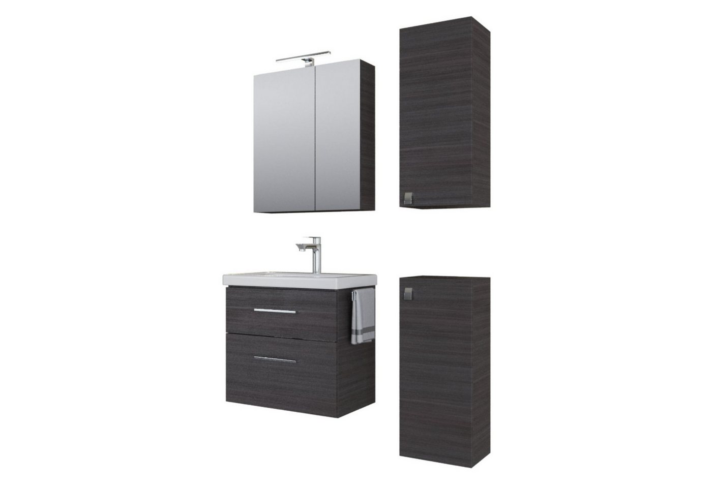 Planetmöbel Badmöbel-Set Badmöbel-Set mit Spiegelschrank 63cm und 2x Midischrank, (Waschbecken mit Unterschrank, Spiegelschrank Bad mit Beleuchtung) von Planetmöbel