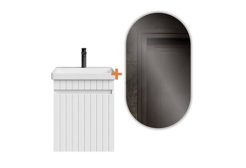 Planetmöbel Badmöbel-Set Cosmia, (Waschbecken mit Unterschrank, 1-St., Waschtisch inkl. Bad Spiegel mit LED & Armatur schwarz matt), Bad Möbel für Gäste WC & Bad von Planetmöbel