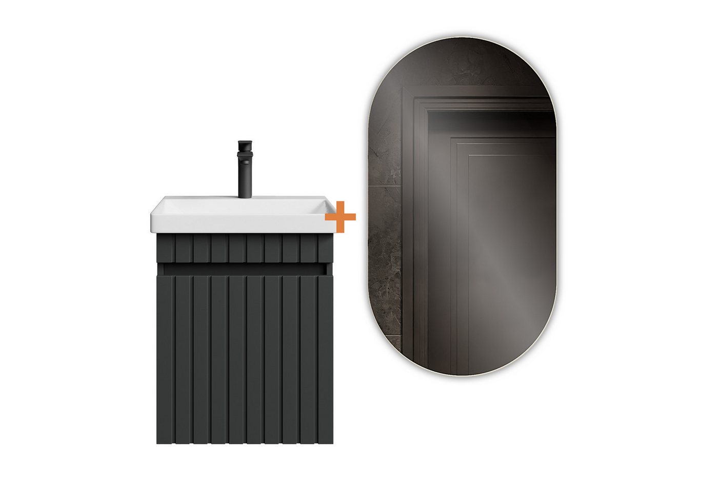 Planetmöbel Badmöbel-Set Cosmia, (Waschbecken mit Unterschrank, 1-St., Waschtisch inkl. Bad Spiegel mit LED & Armatur schwarz matt), Bad Möbel für Gäste WC & Bad von Planetmöbel