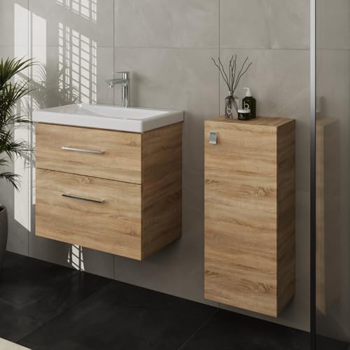 Planetmöbel Badmöbel Set Waschtisch mit Unterschrank 63 x 60 x 36,5 cm, inkl. Midischrank, moderner Waschbeckenunterschrank für Badezimmer, Gäste Bad & WC, Sonoma Eiche von Planetmöbel