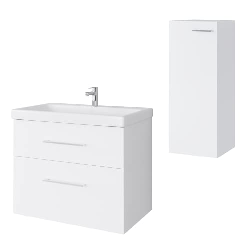 Planetmöbel Badmöbel Set Unterschrank 60 mit Waschbecken und 1x Midischrank in Weiß, Set für Badezimmer 3-teilig von Planetmöbel
