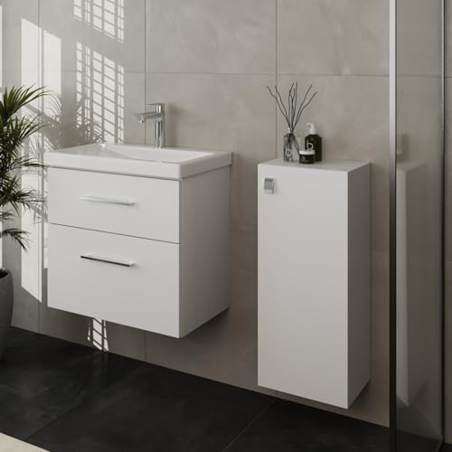 Planetmöbel Badmöbel Set Waschtisch mit Unterschrank 63 x 60 x 36,5 cm, inkl. Midischrank, moderner Waschbeckenunterschrank für Badezimmer, Gäste Bad & WC, Weiß von Planetmöbel