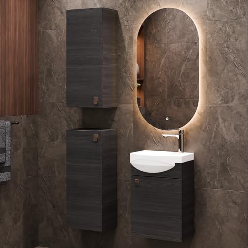 Planetmöbel Badmöbel Set Waschtisch mit Unterschrank 40 x 60 x 29 cm, Spiegel mit Beleuchtung 50 x 90 cm, 2X Midischränke für Badezimmer, Gäste WC & Bad, Anthrazit von Planetmöbel