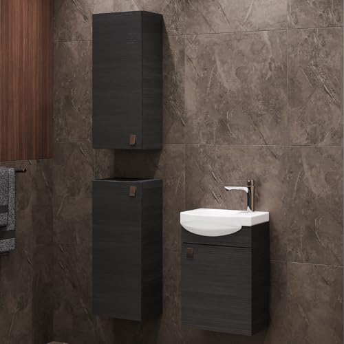 Planetmöbel Badmöbel Set Waschtisch mit Unterschrank 40 x 60 x 29 cm mit 2X Midischrank 32 x 75 x 23 cm für Badezimmer, Gäste WC & Bad, Anthrazit von Planetmöbel