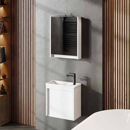 Planetmöbel Badmöbel Set 3-teilig Waschbecken mit Unterschrank 50 x 48,3 x 24,8 cm weiß Hochglanz, Spiegelschrank 50 x 65 x 11,4 cm mit LED Aufbauleuchte von Planetmöbel