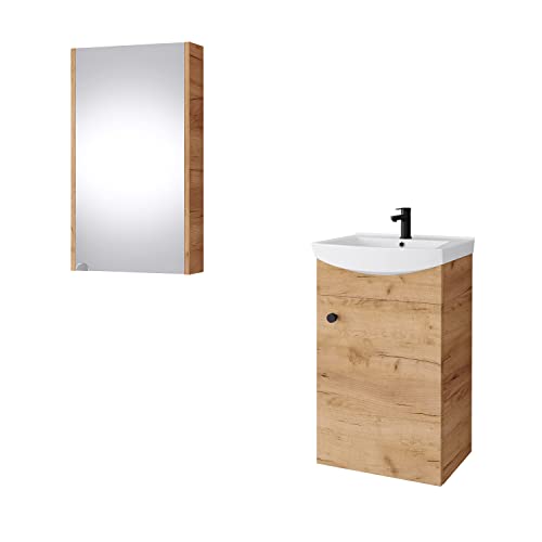 Planetmöbel Badmöbel Set aus Waschtisch + Waschbecken + Spiegelschrank, Gäste Bad WC, Farbe Gold Eiche von Planetmöbel