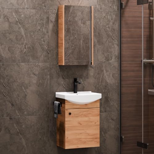 Planetmöbel Badmöbel Set Waschtisch mit Unterschrank 45 x 60 x 33 cm mit Spiegelschrank 40 cm für Badezimmer, Gäste WC & Bad, Gold Eiche von Planetmöbel