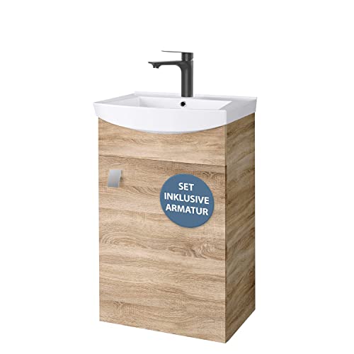Planetmöbel Badmöbel Set aus Waschtisch mit Unterschrank 45cm in Sonoma Eiche, Waschbecken und Armatur in Schwarz, Zeitloses Badezimmerset von Planetmöbel