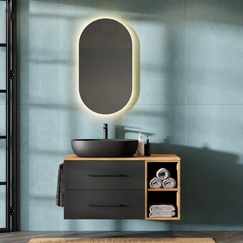 Planetmöbel LUX Badmöbel Waschtischunterschrank 100 cm hängend ohne Aufsatz-Waschbecken, Waschtisch Gold Eiche/Anthrazit von Planetmöbel