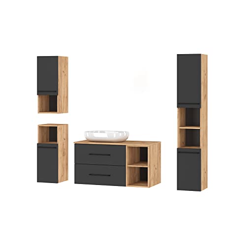 Planetmöbel Badmöbelset Waschtischunterschrank LUX 100 cm Gold Eiche/Anthrazit OHNE Waschbecken mit Hochschrank Gold Eiche/Anthrazit und 2X Midischrank Gold Eiche/Anthrazit von Planetmöbel