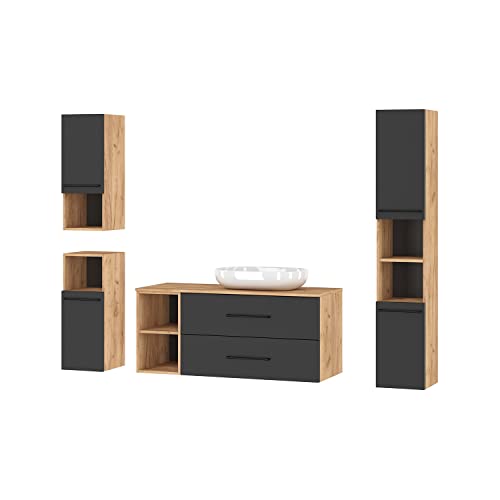 Planetmöbel Badmöbelset Waschtischunterschrank LUX 120 cm mit Hochschrank und 2 Midischränken in Gold/Eiche-Anthrazit OHNE Waschbecken von Planetmöbel