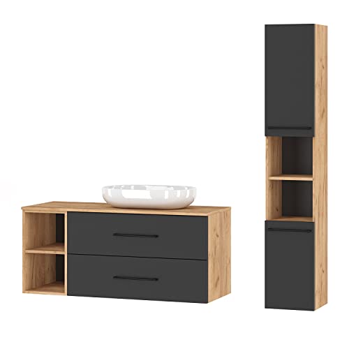 Planetmöbel Badmöbelset Waschtischunterschrank LUX 120 cm Gold Eiche/Anthrazit OHNE Waschbecken mit Hochschrank Gold Eiche/Anthrazit von Planetmöbel