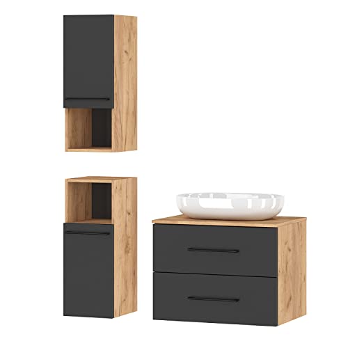 Planetmöbel Badmöbelset Waschtischunterschrank LUX 70 cm Gold Eiche/Anthrazit OHNE Waschbecken mit 2X Midischrank Gold Eiche/Anthrazit von Planetmöbel