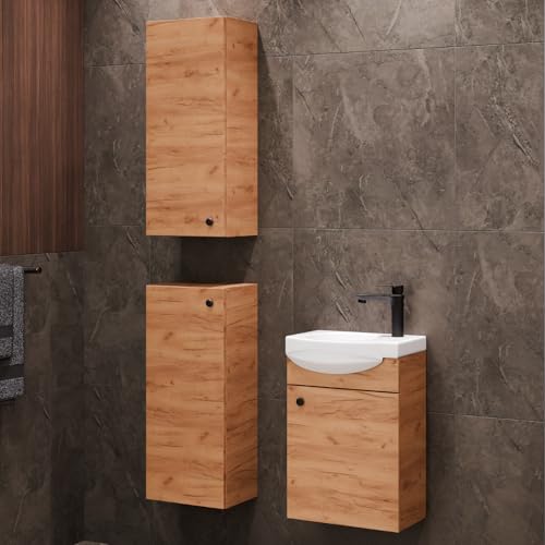 Planetmöbel Badmöbel Set Waschtisch mit Unterschrank 40 x 60 x 29 cm mit 2X Midischrank 32 x 75 x 23 cm für Badezimmer, Gäste WC & Bad, Gold Eiche von Planetmöbel