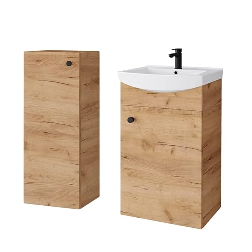 Planetmöbel Badset aus Unterschrank 45cm mit Waschbecken und 1x Midischrank in Gold Eiche, Set für Badezimmer 3-teilig von Planetmöbel