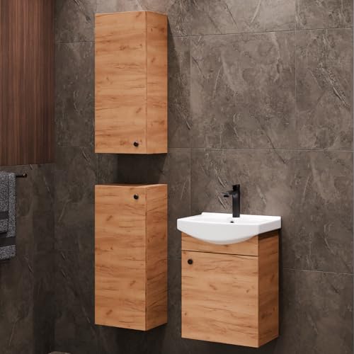 Planetmöbel Badmöbel Set Waschtisch mit Unterschrank 45 x 60 x 33 cm mit 2X Midischrank 32 x 75 x 23 cm für Badezimmer, Gäste WC & Bad, Gold Eiche von Planetmöbel