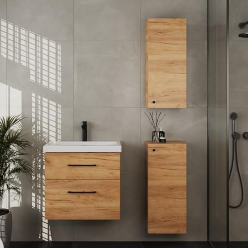 Planetmöbel Badmöbel Set Waschtisch mit Unterschrank 63 x 60 x 36,5 cm, inkl. 2X Midischrank, moderner Waschbeckenunterschrank für Badezimmer, Gäste Bad & WC, Gold Eiche von Planetmöbel