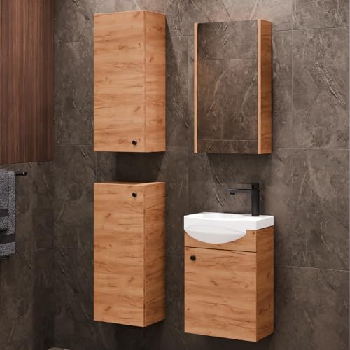 Planetmöbel Badmöbel Set Waschtisch mit Unterschrank 40 x 60 x 29 cm mit Spiegelschrank 40 cm, 2X Midischränke für Badezimmer, Gäste WC & Bad, Gold Eiche von Planetmöbel