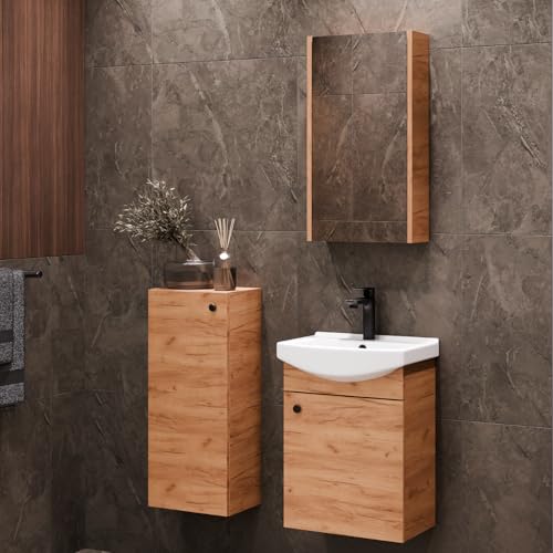 Planetmöbel Badmöbel Set Waschtisch mit Unterschrank 45 x 60 x 33 cm mit Spiegelschrank 40 cm & Midischrank für Badezimmer, Gäste WC & Bad, Gold Eiche von Planetmöbel