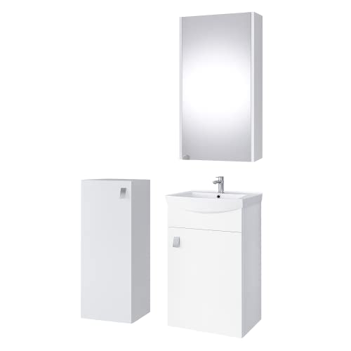 Planetmöbel Badset komplett aus Unterschrank 45cm mit Waschbecken, Spiegelschrank und 1x Midischrank in Weiß, Komplettset für Badezimmer 4-teilig von Planetmöbel