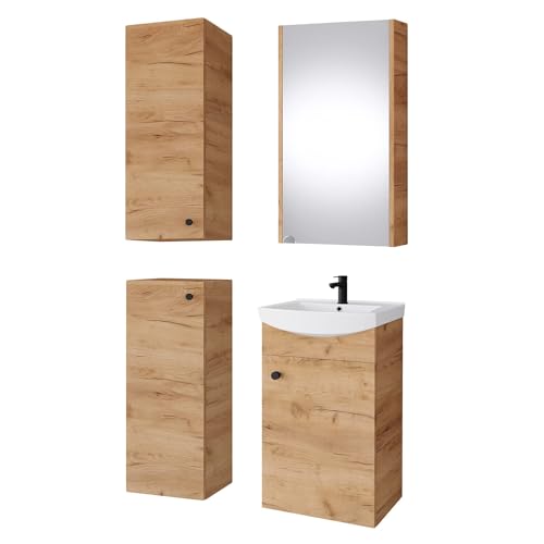 Planetmöbel Badset komplett aus Unterschrank 45cm mit Waschbecken, Spiegelschrank und 2X Midischrank in Gold Eiche, Komplettset für Badezimmer 5-teilig von Planetmöbel