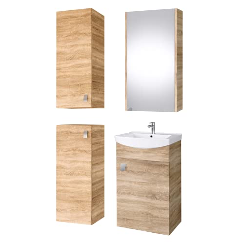 Planetmöbel Badset komplett aus Unterschrank 45cm mit Waschbecken, Spiegelschrank und 2X Midischrank in Sonoma Eiche, Komplettset für Badezimmer 5-teilig von Planetmöbel