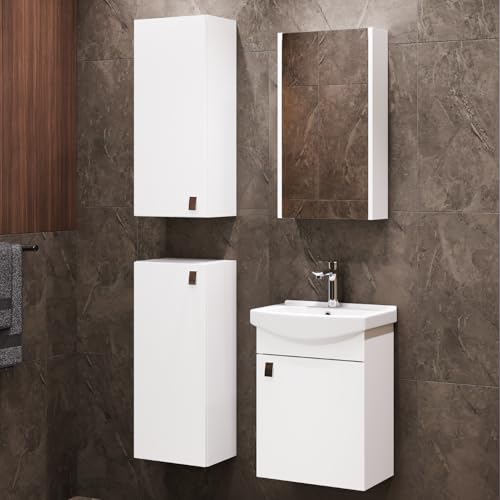 Planetmöbel Badmöbel Set Waschtisch mit Unterschrank 45 x 60 x 33 cm mit Spiegelschrank 40 cm, 2X Midischränke für Badezimmer, Gäste WC & Bad, Weiß von Planetmöbel