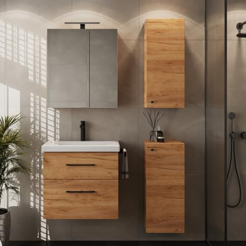 Planetmöbel Badmöbel Set Waschtisch mit Unterschrank 63 x 60 x 36,5 cm, Spiegelschrank 60 cm mit LED-Leuchte (schwarz matt) & Steckdose, inkl. 2X Midischrank, Moderne Badezimmer Möbel, Gold Eiche von Planetmöbel