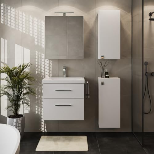 Planetmöbel Badmöbel Set Waschtisch mit Unterschrank 63 x 60 x 36,5 cm, Spiegelschrank 60 cm mit LED-Leuchte (schwarz matt) & Steckdose, inkl. 2X Midischrank, Moderne Badezimmer Möbel, Weiß Planetmöbel Badmöbel Set Waschtisch mit Unterschrank 63 x 60 x 36,5 cm, Spiegelschrank 60 cm mit LED-Leuchte (schwarz matt) & Steckdose, inkl. 2X Midischrank, Moderne Badezimmer Möbel, Weiß von Planetmöbel