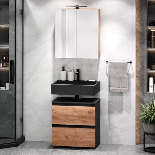 Planetmöbel EDA Badmöbel Set Waschbeckenunterschrank 60cm mit Spiegelschrank 60 cm mit Beleuchtung, Waschtischunterschrank, Badezimmerschrank für Gäste WC & Bad, Anthrazit/Gold Eiche von Planetmöbel