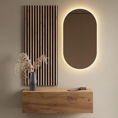 Planetmöbel Flur Möbel Garderobe 1x 100cm Gold Eiche, Wandpaneel 50cm Gold Eiche/Anthrazit mit Spiegel 50cm (ohne LED) (ohne LED), Wandgarderobe 32,5H x 100B x 37,8T cm von Planetmöbel