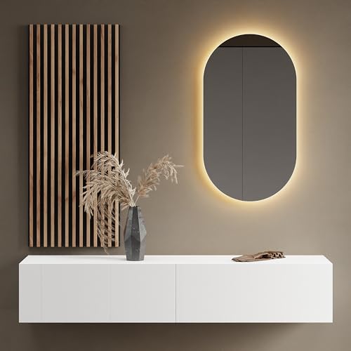 Planetmöbel Flur Möbel Garderobe 1x 160cm weiß, Wandpaneel 50cm Gold Eiche/Anthrazit mit Spiegel 50cm (ohne LED), Wandgarderobe 32,5H x 160B x 37,8T cm von Planetmöbel