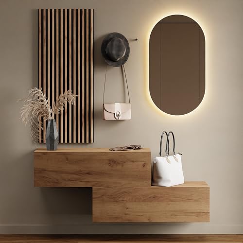 Planetmöbel Flur Möbel Garderobe 2X 100cm Gold Eiche, Wandpaneel 50cm Gold Eiche/Anthrazit mit Spiegel 50cm (ohne LED), Wandgarderobe 32,5H x 100B x 37,8T cm von Planetmöbel