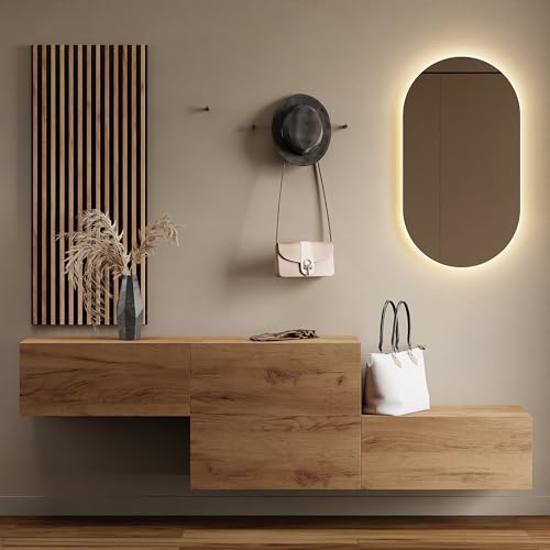 Planetmöbel Flur Möbel Garderobe 2X 140cm Gold Eiche, Wandpaneel 50cm Gold Eiche/Anthrazit mit Spiegel 50cm (ohne LED), Wandgarderobe 32,5H x 140B x 37,8T cm von Planetmöbel