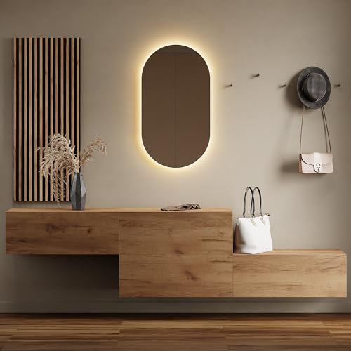 Planetmöbel Flur Möbel Garderobe 2X 160cm Gold Eiche, Wandpaneel 50cm Gold Eiche/Anthrazit mit Spiegel 50cm (ohne LED), Wandgarderobe 32,5H x 160B x 37,8T cm von Planetmöbel