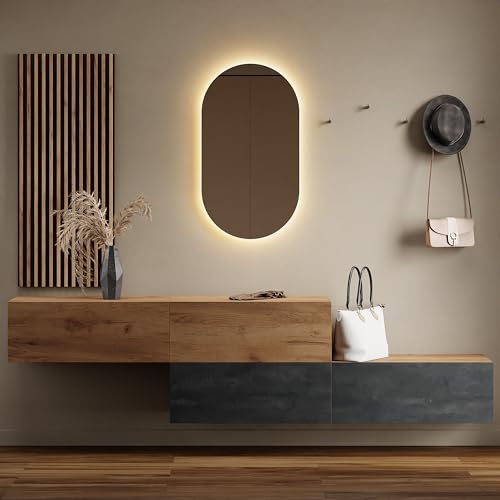 Planetmöbel Flur Möbel Garderobe 2X 160cm Gold Eiche/Gold Eiche schwarz Charcoal, Wandpaneel 50cm Gold Eiche/Anthrazit mit Spiegel 50cm (ohne LED), Wandgarderobe 32,5H x 160B x 37,8T cm von Planetmöbel