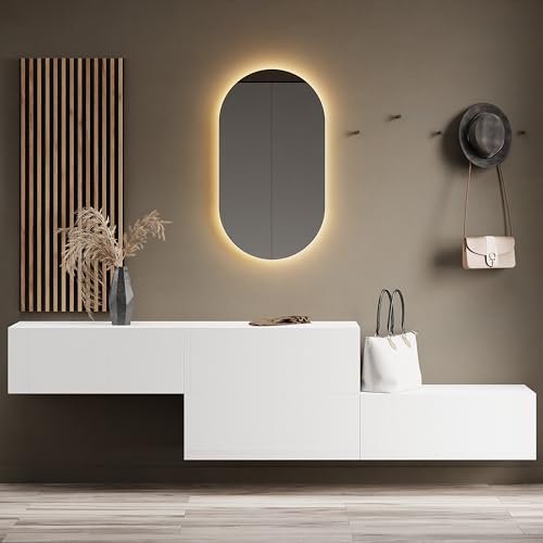 Planetmöbel Flur Möbel Garderobe 2X 160cm weiß, Wandpaneel 50cm Gold Eiche/Anthrazit mit Spiegel 50cm (ohne LED), Wandgarderobe 32,5H x 160B x 37,8T cm von Planetmöbel