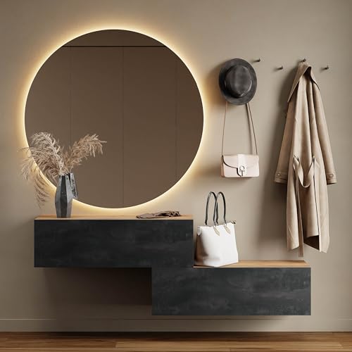 Planetmöbel Flurgarderobe 2X 100 cm inkl. Spiegel rund mit Beleuchtung 100 cm, Gold Eiche - Schwarz Charcoal, Flur Möbel mit Spiegel, 2X 37,8T x 100B x 32,5H cm von Planetmöbel