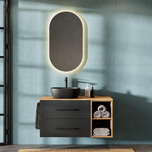 Planetmöbel LUX Badmöbel Set Waschbecken mit Unterschrank 100 cm, Aufsatz-Waschbecken 42 cm schwarz, Spiegel 50 cm (ohne LED), Waschbeckenunterschrank Gold Eiche/Anthrazit von Planetmöbel