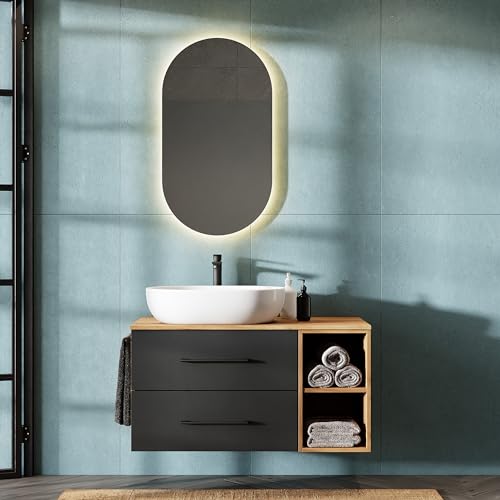 Planetmöbel LUX Badmöbel Set Waschbecken mit Unterschrank 100 cm, Aufsatz-Waschbecken 60 cm weiß, Spiegel 50 cm (ohne LED), Waschbeckenunterschrank Gold Eiche/Anthrazit von Planetmöbel