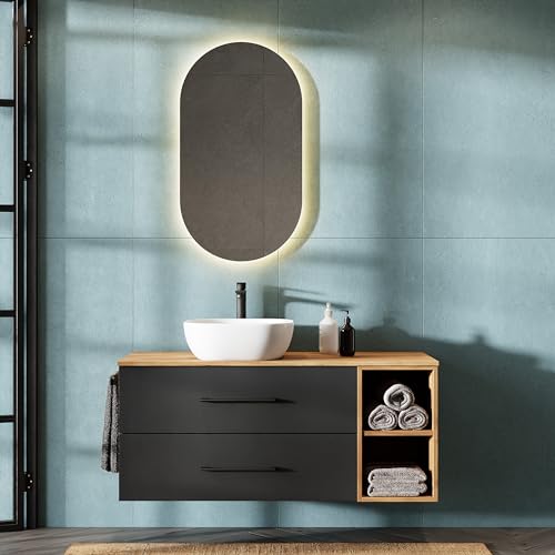 Planetmöbel LUX Badmöbel Set Waschbecken mit Unterschrank 120 cm, Aufsatz-Waschbecken 42 cm weiß, Spiegel 50 cm (ohne LED) Waschbeckenunterschrank Gold Eiche/Anthrazit von Planetmöbel