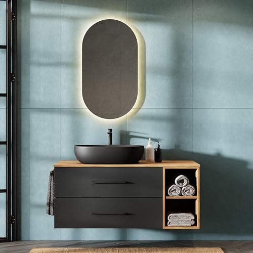Planetmöbel LUX Badmöbel Set Waschbecken mit Unterschrank 120 cm, Aufsatz-Waschbecken 60cm schwarz, Spiegel 50 cm (ohne LED) Waschbeckenunterschrank Gold Eiche/Anthrazit von Planetmöbel