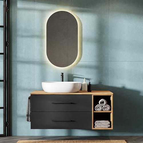 Planetmöbel LUX Badmöbel Set Waschbecken mit Unterschrank 120 cm, Aufsatz-Waschbecken 60cm weiß, Spiegel 50 cm (ohne LED) Waschbeckenunterschrank Gold Eiche/Anthrazit von Planetmöbel