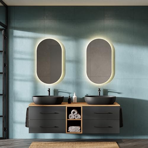 Planetmöbel LUX Badmöbel Set Waschbecken mit Unterschrank 170 cm, 2 Aufsatz-Waschbecken 60cm schwarz, 2 Spiegel 50 cm (ohne LED) Waschbeckenunterschrank Gold Eiche/Anthrazit von Planetmöbel