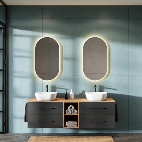 Planetmöbel LUX Badmöbel Set Waschbecken mit Unterschrank 170 cm hängend inkl. 2 Aufsatz-Waschbecken 42 cm weiß, Waschbeckenunterschrank Gold Eiche/Anthrazit Planetmöbel LUX Badmöbel Set Waschbecken mit Unterschrank 170 cm hängend inkl. 2 Aufsatz-Waschbecken 42 cm weiß, Waschbeckenunterschrank Gold Eiche/Anthrazit von Planetmöbel