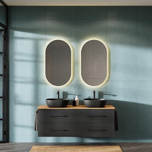 Planetmöbel LUX Badmöbel Set Waschtisch mit Unterschrank 140 cm hängend inkl. 2 Aufsatz-Waschbecken 42 cm schwarz, Waschbeckenunterschrank Gold Eiche/Anthrazit von Planetmöbel