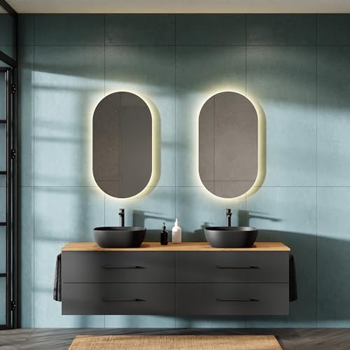 Planetmöbel LUX Badmöbel Set Waschtisch mit Unterschrank 180 cm hängend inkl. 2 Aufsatz-Waschbecken 42 cm schwarz, Waschbeckenunterschrank Gold Eiche/Anthrazit von Planetmöbel